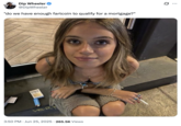 X user @DipWheeler tweeted an image of a young blonde woman holding a c--------, looking up alongside a tweet that read, "'do we have enough fartcoin to qualify for a mortgage?'" The post gathered over 6,000 likes in two days.