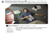 X user @burrytracker tweeted an image of Christian Bale from the film _The Big Short_ to joke about mortgage agencies being directed to accept crypto assets to underwrite home loans, writing, "Just finished reading 1,200 pages of mortgage-backed fartcoin derivatives."