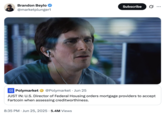X user @marketplunger1 posted a "Michael Burry Reaction":https://knowyourmeme.com/memes/michael-burry-reaction in response to the official Polymarket account tweeting, "JUST IN: U.S. Director of Federal Housing orders mortgage providers to accept Fartcoin when assessing creditworthiness."