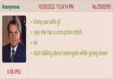 A fake greentext post akin to a 4chan post. The post is about corruption fetishes and watergate.