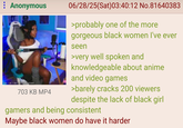 : Anonymous YEAH I AM I MENT FORMAL BICHARD 703 KB MP4 06/28/25(Sat)03:40:12 No.81640383 >probably one of the more gorgeous black women I've ever seen >very well spoken and knowledgeable about anime and video games >barely cracks 200 viewers despite the lack of black girl gamers and being consistent Maybe black women do have it harder