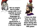 No! an empire has to make sense with 1 or 2 capitals at most, 1 or 2 official languages at most above all 1 form of governance, 1 noble house and 1 official religion I have no clue how my state works and I've been doing this for more or less 900 years