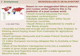 Anonymous - 3.64 MB PNG 06/29/25(Sun)00:21:06 No.81647267 Based on non exaggerated fallout patterns and nuclear winter patterns this is my prediction of a post nuclear world. >South America becomes the most populated continent(grim) >Multiple alliances form within South American countries. >South Africa is emboldened to create a new Bantu empire. >Australia survives well enough and annexes New Zealand. Is thinking about buying Guam from Indonesia for agricultural purposes. >Brazil annexes Venezuela and invades French Guinea for rare earth minerals. >2 million European surviving refugees flee to Australia or New Zealand >Most of the Northern Hemisphere turns into a wasteland unable to grow crops except grasses >Uruguay and Argentina team up with a trade agreement. Become close allies.