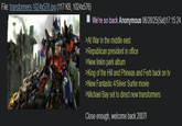 File: transformers-1024x576.jpg (117 KB, 1024x576) We're so back Anonymous 06/28/25(Sat) 17:15:24 >At War in the middle east >Republican president in office >New linkin park album >King of the Hill and Phineas and Ferb back on tv >New Fantastic 4/Silver Surfer movie >Michael Bay set to direct new transformers Close enough, welcome back 2007!