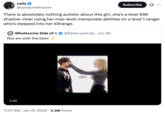 A "quote-tweet":https://knowyourmeme.com/memes/quote-retweets-qrts about Rachel, the "Rizz":https://knowyourmeme.com/memes/rizz-unspoken-rizz 'Em With the 'Tism Girl, joking that she's not "Autistic":https://knowyourmeme.com/memes/cultures/autism and is instead a "level 999 shadow vizier."