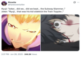 A "tweet":https://knowyourmeme.com/memes/sites/twitter-x showing a mock conversation between "_Persona 5_":https://knowyourmeme.com/memes/subcultures/persona-5 characters Joker and Ryuji about defeating the Subway Slammer and "Train Toppler."