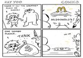 JAY YOO THERE IT IS! THE GREATEST PLACE ON EARTH! COMICS ONE COMBO PLEASE. THNK MCDOONOLD'S! HE HE