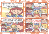Rusty": My name's Ms. Jasmine. I'm excited to be your new principal. From now on, no pets. are allowed at school. 3 by Tate She seems nice. MS. JASMINE IS A TYRANT