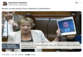 @PopulismUpdates tweeted an image of Bacik holding up the meme, captioned, "Here's a real photo from Ireland's parliament," gaining over 141,000 likes in five days.