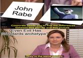 John Rabe Corporate needs you to find the differences between this picture and this picture. "Even Evil Has Standards archetype" They're the same picture.