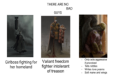 THERE ARE NO GUYS BAD Girlboss fighting for her homeland Valiant freedom fighter intolerant of treason - - Only acts aggressive if provoked Tells riddles Writes love poems - Soft mane and wings