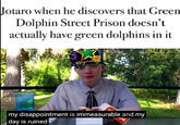 Jotaro when he discovers that Green Dolphin Street Prison doesn't actually have green dolphins in it my disappointment is immeasurable and my day is ruined