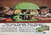 The new Family Tree House™- to your child, it's a magic forest. At the touch of a button, the branches of the Kenner Family Tree House pop open and your young- ster meets the Treetots-Honey, Chip, Willow, Treemont and Barky. It's a magic house where your pre-schooler's imagination can roam free. There's lots of furniture, a real clickety-click elevator, and swing-out stairs. There's a car, a swing-and even a doghouse for Barky. When play is done, the Treetots and all their possessions can be stored inside-there's even a handle for carrying. The Kenner Family Tree House. Where young imaginations grow. Family Tree House featuring the Tree Tuts Kenner LP *General Mills Fun Group, Inc. 1975