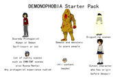 DEMONOPHOBIA Starter Pack Scaredy Protagonist Human or Demon Self-Insert or not Demons and monsters. to scare people Lot of nudity scenes such as ENM/ENF scenes also Ryona/Hentai Any protagonist experience nudism D Disgusting scenes * content (maybe) Cutest character who has origin before despair