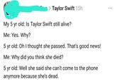 > Taylor Swift 15h My 5 yr old: Is Taylor Swift still alive? Me: Yes. Why? 5 yr old: Oh I thought she passed. That's good news! Me: Why did you think she died? 5 yr old: Well she said she can't come to the phone anymore because she's dead.