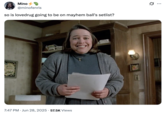 X user @minofenris tweeted an image of Kathy Bates as Annie from _Misery_, writing, "so is lovedrug going to be on mayhem ball's setlist?" The post gathered over 2,000 likes in two days.