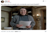 X user @luvmoonv posted an image of Kathy Bates as Annie Wilkes in the 1990 film _Misery_, writing, "we need a slur for people who constantly use AI and ChatGPT." The post gathered over 300,000 likes in a day.