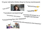 13 year old who thinks they're funny starterpack "good boy وو "sex joke" وو "daddy *random screaming* curses 8 times in a "another sex joke" single sentence *moaning for no reason* constantly disrespects the teacher