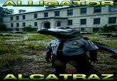 An AI-generated meme. The meme shows an alligator in a cop uniform guarding Alligator Alcatraz.
