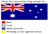What the Australian flag stands for Beer C--- Mean animals Winning a war against emus