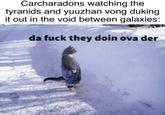 Carcharadons watching the tyranids and yuuzhan vong duking it out in the void between galaxies: da f--- they doin ova der
