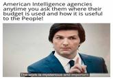 American Intelligence agencies anytime you ask them where their budget is used and how it is useful to the People! The work is mysterious and important.