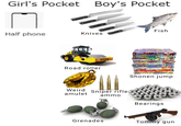 Girl's Pocket Boy's Pocket Fish Half phone Knives Road roller Weird Sniper rifle amulet ammo Shonen jump Bearings Grenades Tommy gun