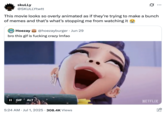 X user @SKULLYtwtt posted a GIF of Rumi from _K-Pop Demon Hunters_ smelling a kimbap roll, writing "This movie looks so overly animated as if they’re trying to make a bunch of memes and that’s what’s stopping me from watching it 😭" and gathering over 3,000 likes in a day.