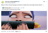 X user @ArtofSpongebob tweeted, "Why is this movie trying so hard to make the next big meme face? -_-," alongside a GIF of Rumi from _K-Pop Demon Hunters_ smelling a kimbap roll.
