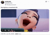 X user @GOREJ1RA tweeted, "Springtrap unwashed dih" alongside a GIF of Rumi from _K-Pop Demon Hunters_ smelling a kimbap roll. The post gathered over 6,000 likes in two days.