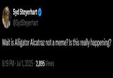 Syd Steyerhart @SydSteyerhart Wait is Alligator Alcatraz not a meme? Is this really happening? 8:19 PM - Jul 1, 2025 - 2,895 Views