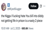 A "tweet":https://knowyourmeme.com/memes/sites/twitter-x about "Donald Trump's":https://knowyourmeme.com/memes/people/donald-trump One Big Beautiful Bill Act and "Diddy":https://knowyourmeme.com/memes/people/diddy being found Not Guilty on multiple charges in his "2025 case":https://knowyourmeme.com/memes/events/2025-sean-diddy-combs-sex-trafficking-trial.
