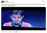 X user @JackoPumpKid posted an image of Seong Gi-hun from Season 3 of the Netflix show _Squid Game_, showing him framed toward the left of the screen while staring into the camera. The caption on the image read, "I was genuinely laughing my ass off at this scene its framed like the main menu for a FNAF game."