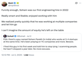 X user @mprkhrst quoted a tweet by @Suhail that warned startup founders against hiring a man named Soham Parekh, writing, "Funnily enough, Soham was our first engineering hire in 2022 / Really smart and likable; enjoyed working with him / We realized pretty quickly that he was working at multiple companies and let him go."
