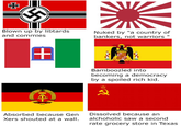 + Blown up by libtards and commies Nuked by "a country of bankers, not warriors" + 주 Bamboozled into becoming a democracy by a spoiled rich kid. 込み Absorbed because Gen Xers shouted at a wall. Dissolved because an alchoholic saw a second rate grocery store in Texas