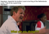 Napoleon: Appoints his brother Louis to be King of the Netherlands Louis: Tries to be a good king Napoleon: What are you doing?!?!