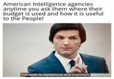 American Intelligence agencies anytime you ask them where their budget is used and how it is useful to the People! The work is mysterious and important.
