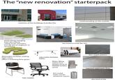 The "new renovation" starterpack metal paneling on the outside exteriors of the buildings look like this these things hanging from the ceiling i think its for acoustics but idk ask an engineer or something Minimalist modular seating MMENT SHARED SERVICES light colors tables often a sickening lime green the interiors look like this adjustable foldable Water filling station but always stuck at 000000 bottles saved this carpet pattern exposed aggregate floor THE CHAIRS this metal trash can for whatever reason this kind of tile