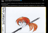 JoJo's Bizarre Encyclopedia @jojo_wiki Hirohiko Araki's tribute art of Kenshin Himura for Rurouni Kenshin's 30th anniversary - October 2024 (published in Rurouni Kenshin magazine on July 4, 2025) 「るろうに剣心」30周年おめでとうございます。 荒木飛呂彦