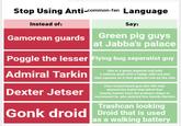 Stop Using Anti-common-fan Language Instead of: Say: Gamorean guards Green pig guys at Jabba's palace Poggle the lesser Flying bug seperatist guy Admiral Tarkin Dexter Jetser Guy in a green imperial suit with a widows peak with a badge with red and blue squares on it that grabbed Leia by the chin Four armed lizard guy who Obi-wan showed the bullet that killed that bounty hunter from the podrace chase in couresaunt to, who pointed him twords Kamino Trashcan looking Gonk droid Droid that is used as a walking battery