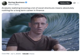 X user @BoringBiz_ posted a meme showing Peter Thiel with a wave crashing behind him, gathering over 3,000 likes on a post captioned, "Analysts realizing knowing a lot of excel shortcuts means absolutely nothing for a long term career in finance."