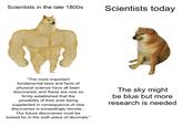Scientists in the late 1800s Scientists today "The more important fundamental laws and facts of physical science have all been discovered, and these are now so firmly established that the possibility of their ever being supplanted in consequence of new discoveries is exceedingly remote... Our future discoveries must be looked for in the sixth place of decimals." The sky might be blue but more research is needed