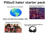 Pitbull hater starter pack "Stop calling him Mr. Worldwide" Assumes every bald white guy with sunglasses is Pitbull Does not like the number 305 Gatekeeps other hip hop too UCTHIS S HIP HOP Puts on noise cancelling headphones when Pitbull song plays THIS IS S--- KEND