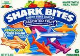 FRUIT CORNERS MADE WITH REAL FRUIT BITES CHEWY FRUIT SNACKS ASSORTED FRUIT ORANGE STRAWBERRY-GRAPE LEMON, FEROCIOUS TIGER SHARK FRUIT SNACKS INSIDE NET WT 5.40Z. 6 POUCHES