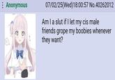 Anonymous 4-4 07/02/25(Wed)18:00:57 No.40262012 Am I a slut if I let my cis male friends grope my boobies whenever they want?