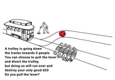 0000 A trolley is going down the tracks towards 5 people You can choose to pull the lever and divert the trolley, but doing so will run over and destroy your only good d20 Do you pull the lever? 18 d 20 8 16