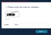 Please input a correct value from the picture 1. Please enter the code for validation. 13659 Code: 13659 Next >