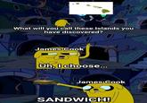 What will you call these Islands you have discovered? James Cook 0 Uh, I choose... James Cook SANDWICH! V V U