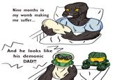 A two panel webcomic redraw by Altruistic-Syrup5160. The comic depicts a character from Halo in a hospital bed with their baby. They say "Nine months in my womb making me suffer, and he looks like his demonic dad." The baby resembles Master Chief's appearance in the 2001 game Halo: Combat Evolved.  

