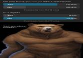 Do you think you could take a werewolf? Yes 70.6% No 29.4% Final results from 35,742 votes In a fight? Yes No Final results from 35,878 votes Sad werebear noises... 8.1% 91.9%